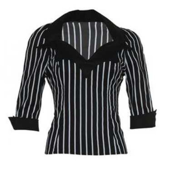Doris Batwing Top black and white pinstripe pattern by Pinup Couture Halloween - Picture 3 of 7